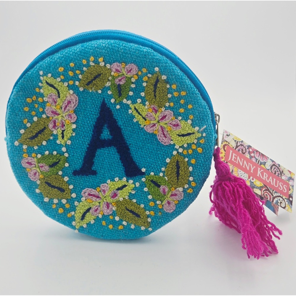 Jenny Krauss Initial A Embroidered Wool Coin Purse Turquoise Floral Tassel‎ NEW